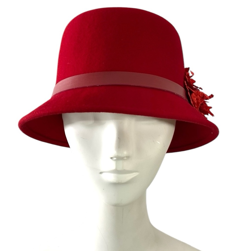 A August Vintage Red 100% Wool Hat Bow Church Cloche‎ Fedora Lipstick Red - Picture 1 of 14